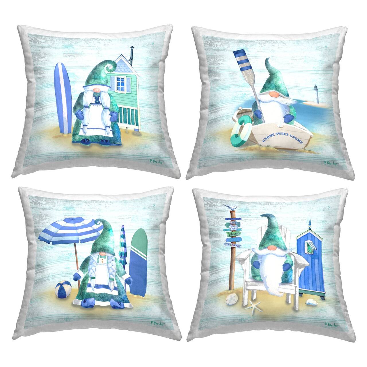 Stupell Industries Blue Coastal Gnome Nautical Beach Activities 4 Pillow Set, 18" x 18"